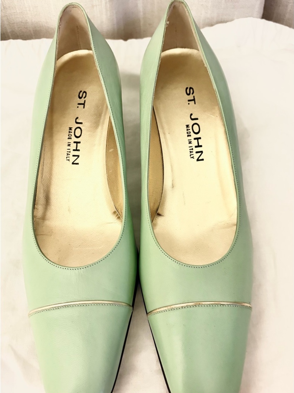 St. John Mint Green Leather Flats with Subtle Metallic Trim